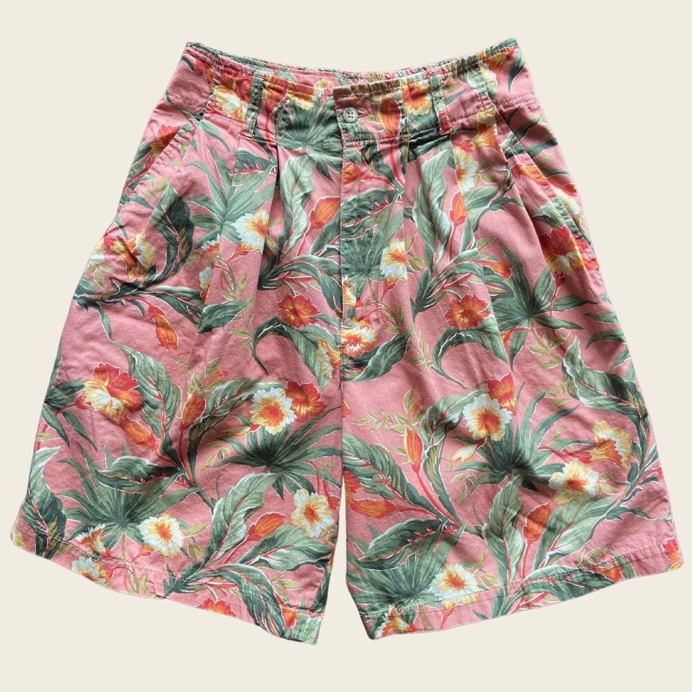 Vintage 80s 90s Gap High Waisted Pleated Tropical Print Cotton Shorts XS